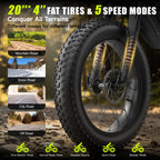 1500W Mountain Electric Bike 48V 15Ah Lithium Battery 20" Fat Tire Adult eBike, 31 MPH Max Speed, 65 Mile Range, Shimano 7-Speed