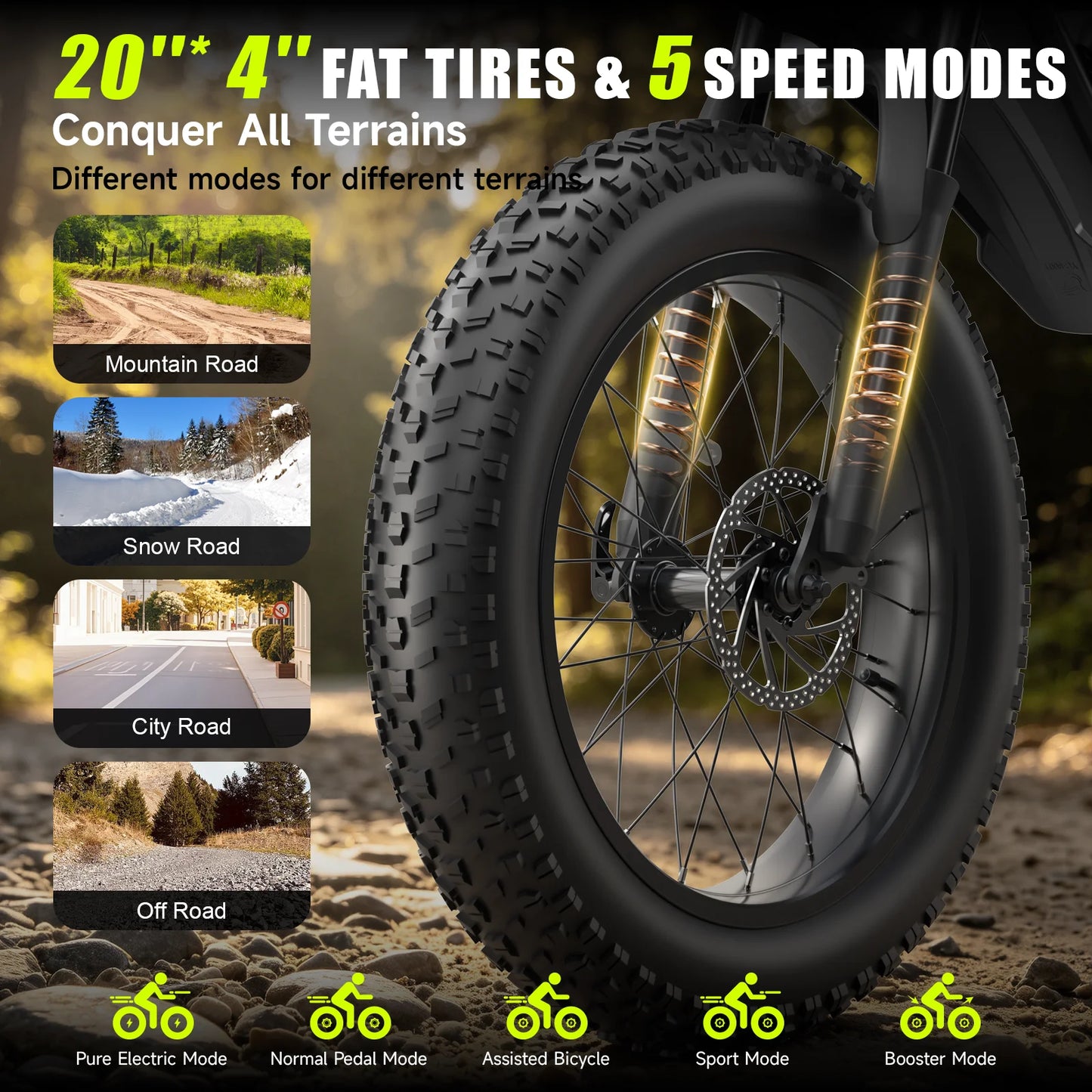1500W Mountain Ebike 48V 15Ah Lithium Battery 31MPH Max Speed 65Miles Long Range Adult Off Road Electric Mountain Bike 20 inch
