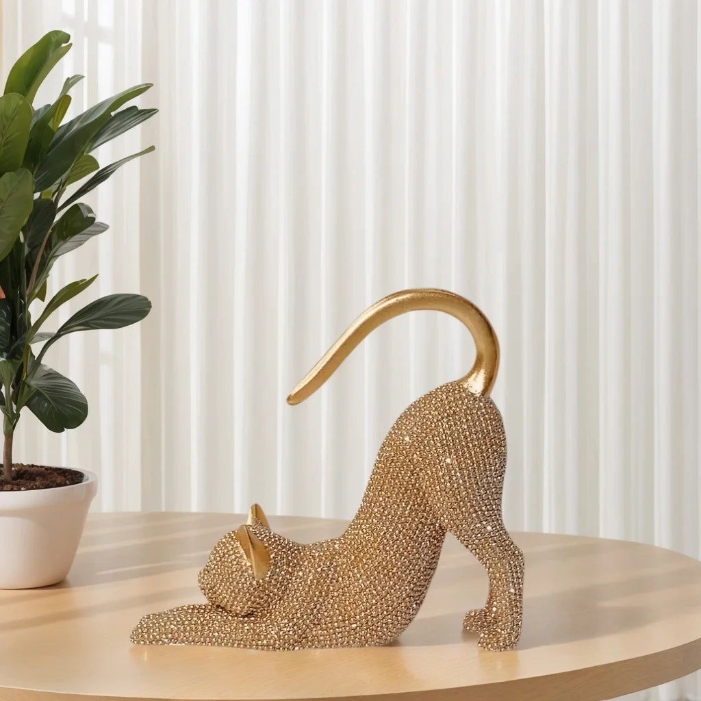 🐱✨ Lazy Cat Stretching Resin Figurine 💎 | Sparkling Crystal Desk Ornament 🏡 | Creative Cat Statue Home Decoration Gift for Cat Lovers 🎁