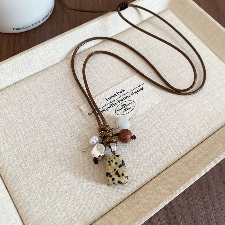 💛✨ Natural Spotted Tiger Eye Stone Necklace 🍇 | Vintage Water Droplet Grape Pendant 🌿 | Long Chain Necklace for Women Boho Accessories 💖