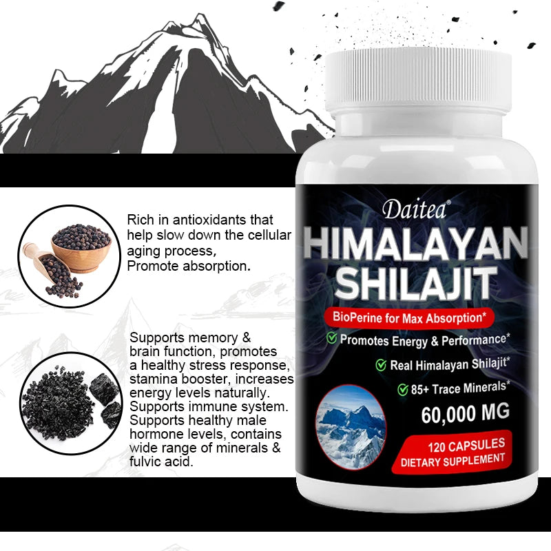 🌄 Himalaya Shilajit Capsules with Trace Minerals & Fulvic Acid – Natural Energy, Strength & Wellness Support (30/60/120 Capsules)