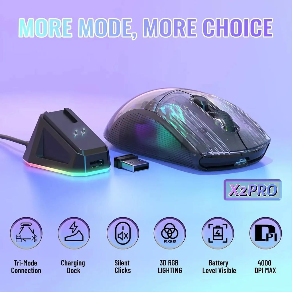 🔥🖱️ ATTACK SHARK X2 Pro Triple Mode Wireless RGB Gaming Mouse – Transparent Shell