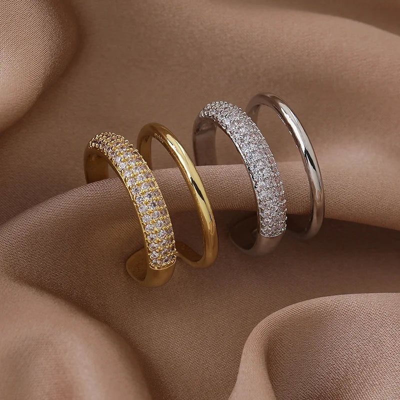 💍✨ Luxury Gold Color Double Layer Wide Couple Rings 💛 | Stainless Steel Shiny Crystal Rings for Women & Men 👩‍❤️‍👨 | Fashion Finger Jewelry Gift