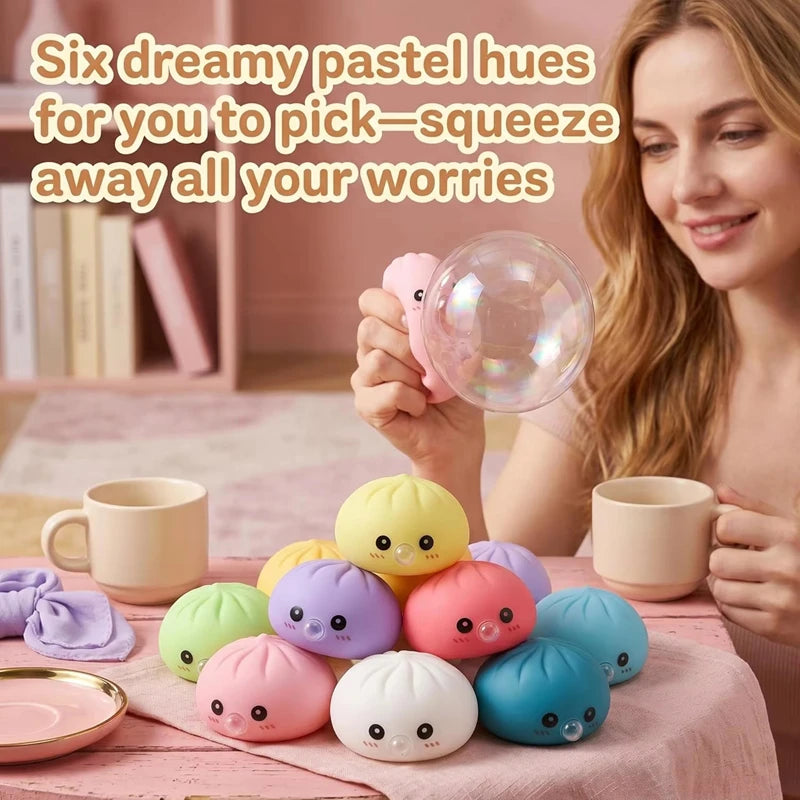 Steamed Bun Squishy Set – Bubble-Blowing Stretchy Sensory Fidget Toy