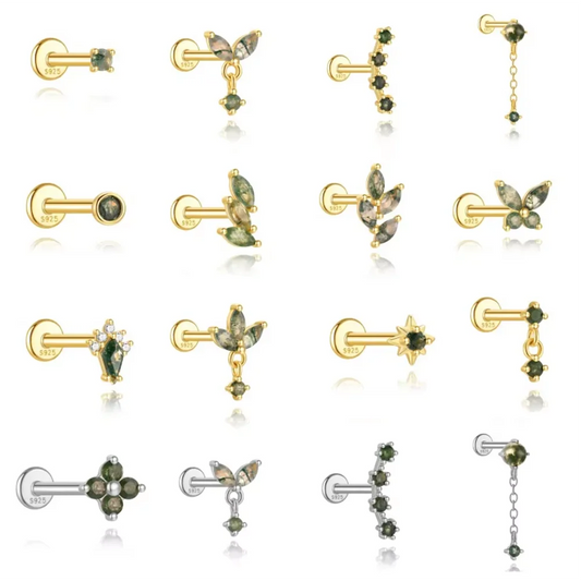 🌿✨ BOAKO 925 Sterling Silver Natural Moss Agate Pendant Piercing Earring 👑🌸 | Crown & Flower Design Elegant Daily Wear Jewelry for Women 💚