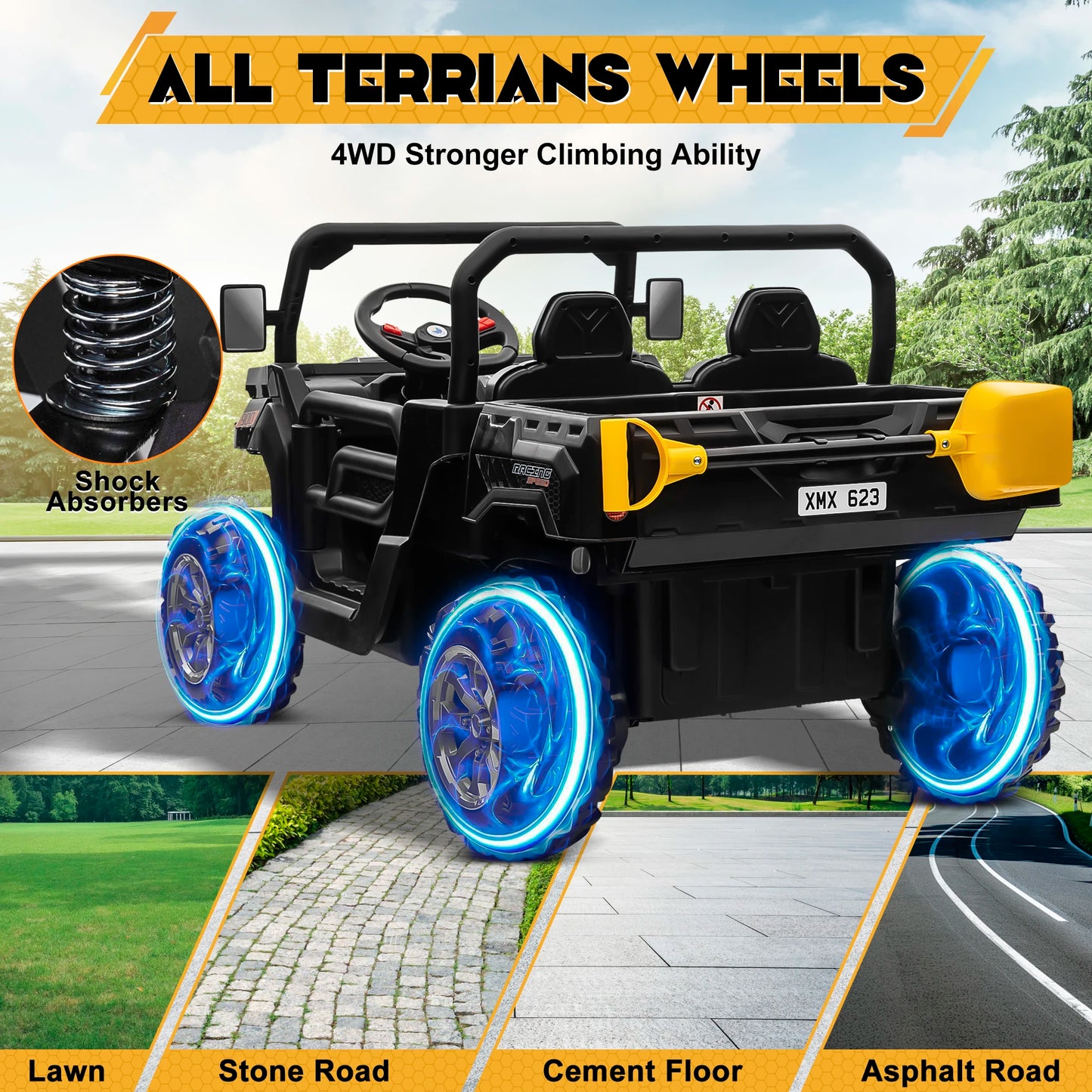 🚜⚡ 24V 2-Seater Ride-On Dump Truck – Kids UTV Electric Car with 2.4G Remote, 4-Wheeler, Bluetooth Music & LED Lights