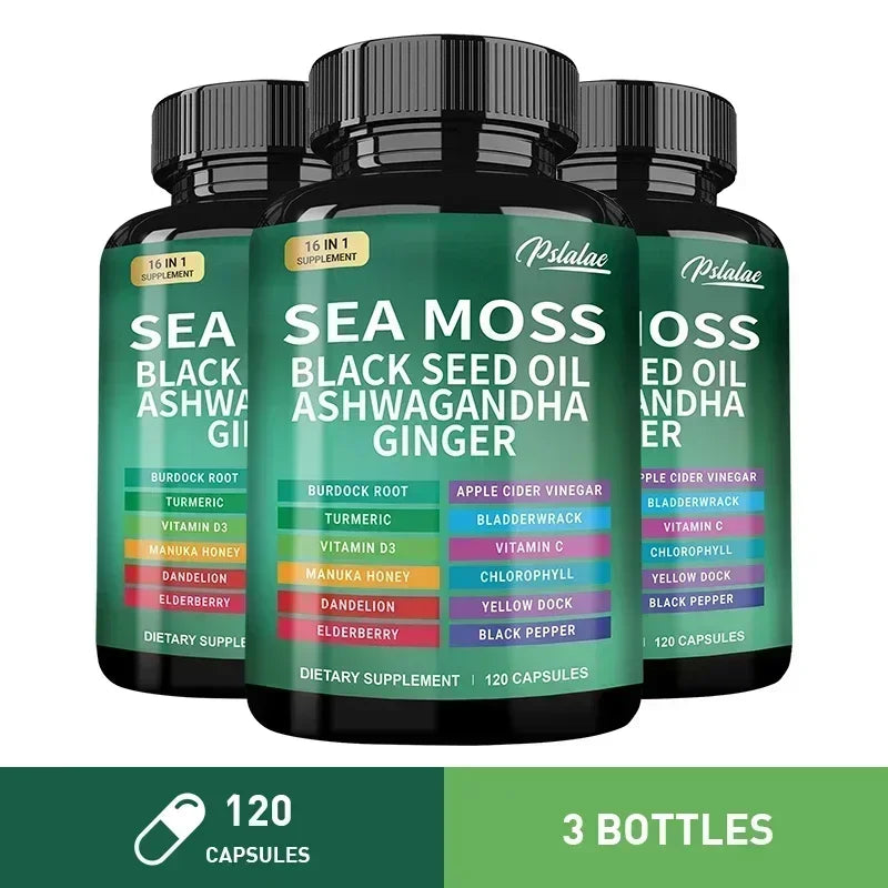 🌿 Sea Moss Supplement Capsules – Gut Health, Immunity Boost, Detox, Anti‑Aging, Antioxidant Support | Ashwagandha, Black Seed Oil, Ginger