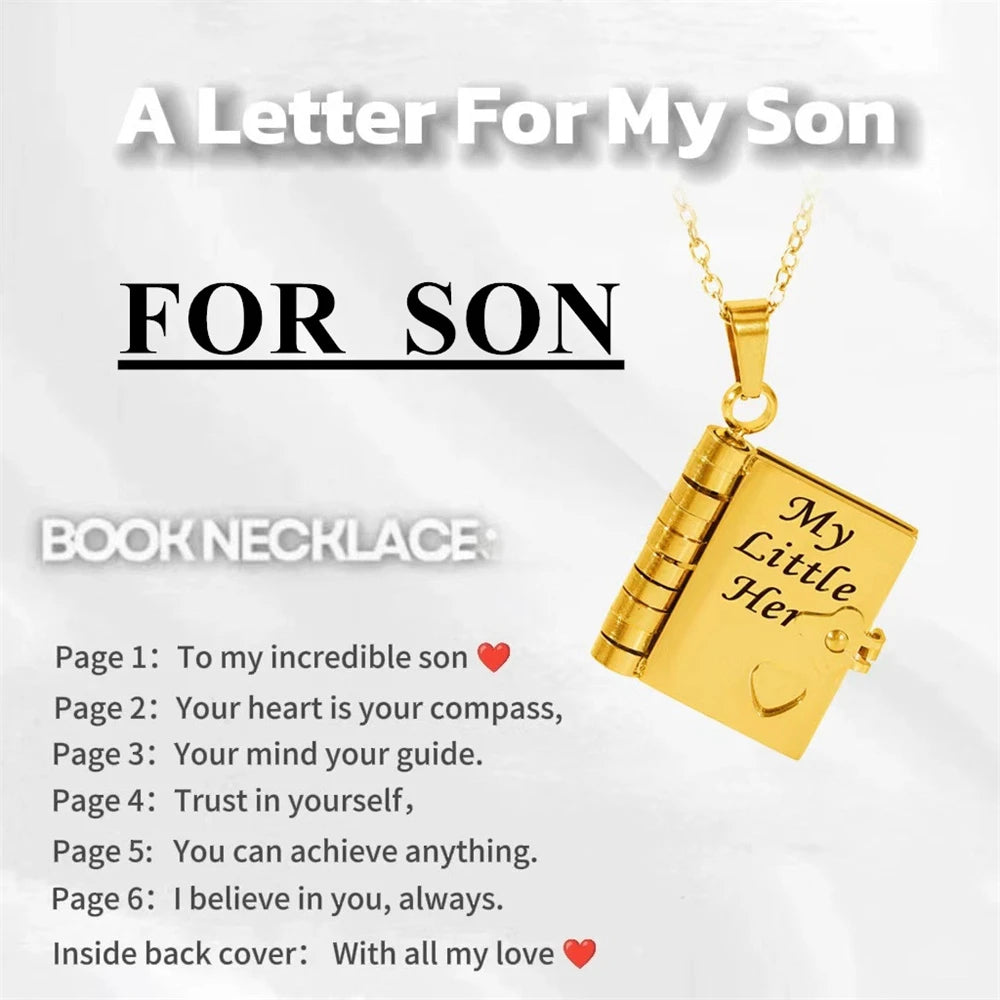 📖💙 To My Champion Son Book Necklace 🏆 | Engraved Openable Book Pendant with 6 Message Pages ✨ | Birthday Gift for Boys – My Little Hero 💪