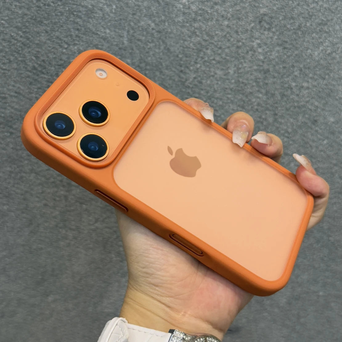 Luxury Orange Matte Transparent Case with Metal Buttons for iPhone 17 Pro Max