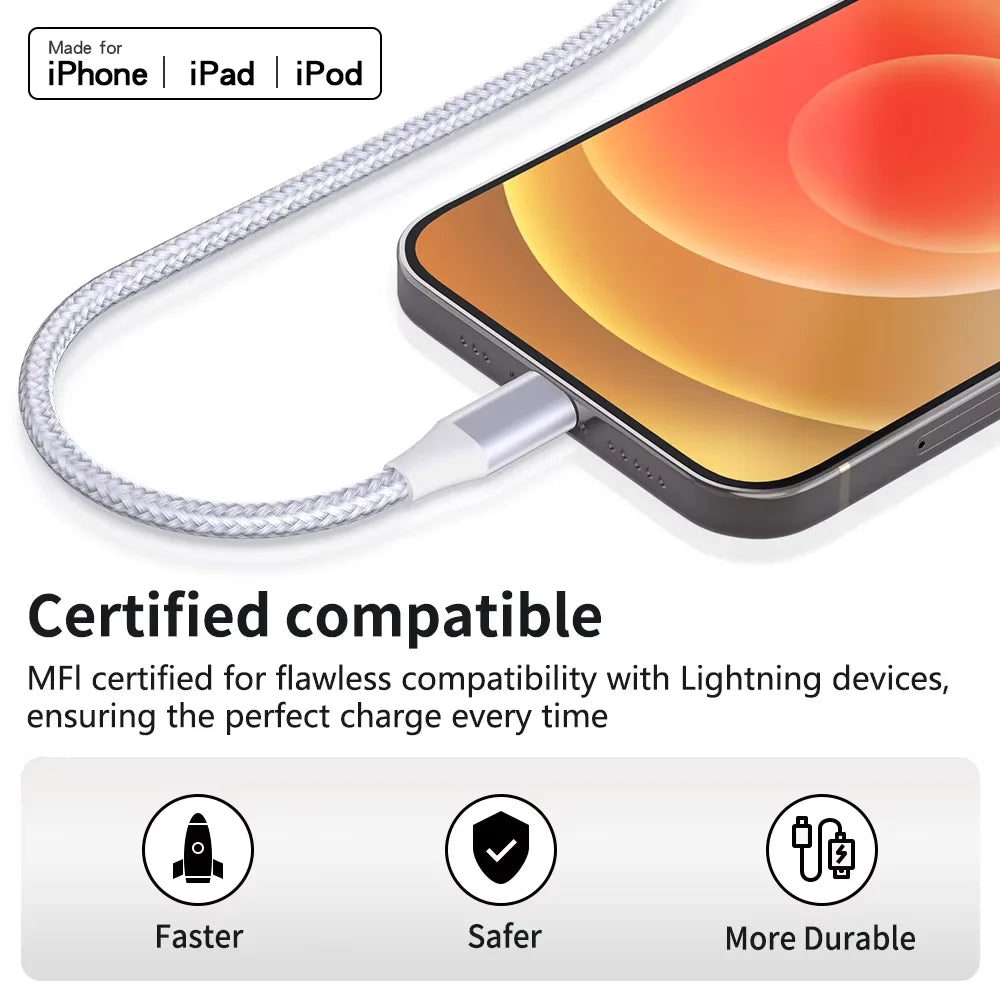 USB-A to Lightning Fast Charging Cable 1M / 2M / 3M – Nylon Braided