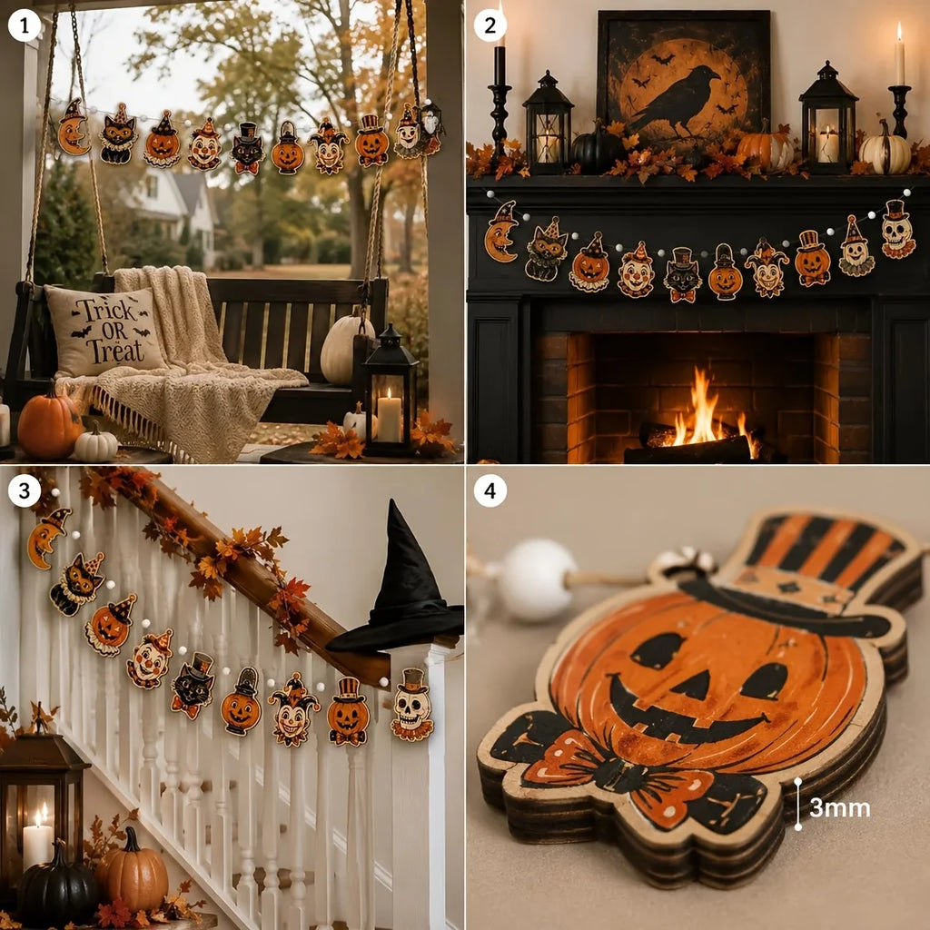 Vintage Halloween Wooden Banner – Pumpkin & Ghost Garland