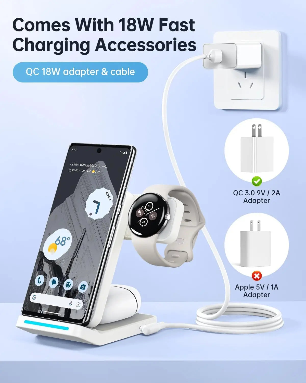 Upgraded 3-in-1 Foldable Wireless Charger Stand for Pixel Phone & Watch