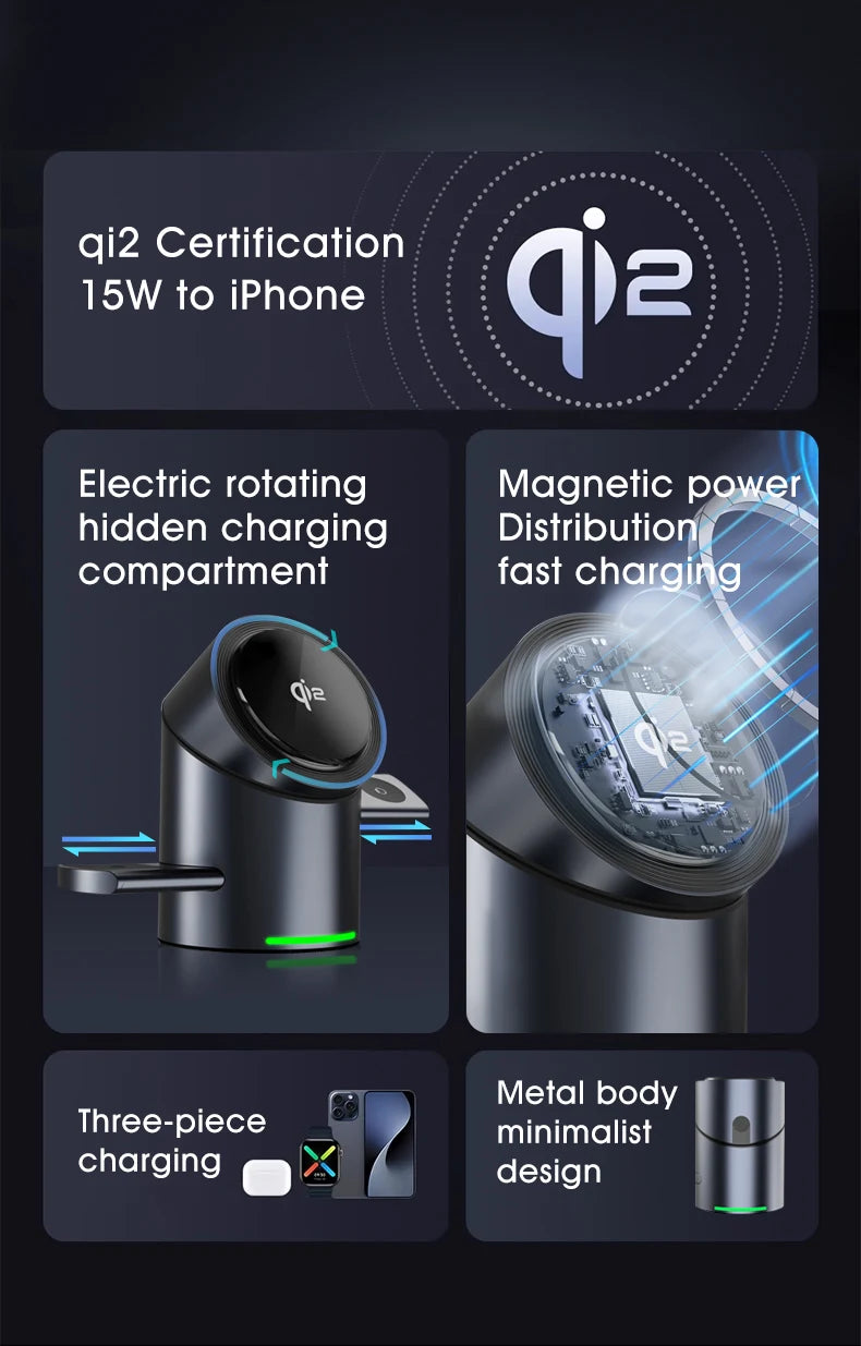 Qi2 3-in-1 Magnetic Wireless Charger – Touch Button Fast Charging Dock