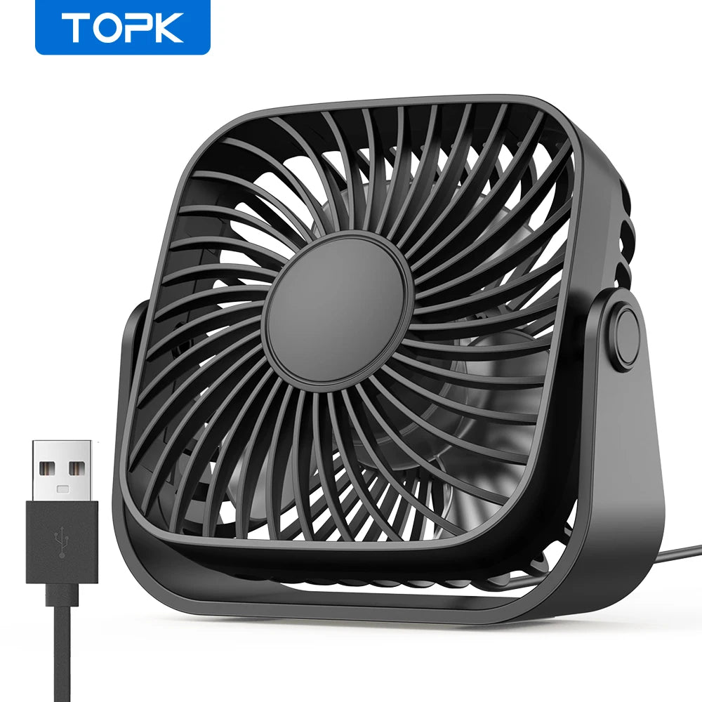 🌬️🏕️ TOPK 4-Inch USB Mini Portable Fan – 3 Speeds 360° Adjustable