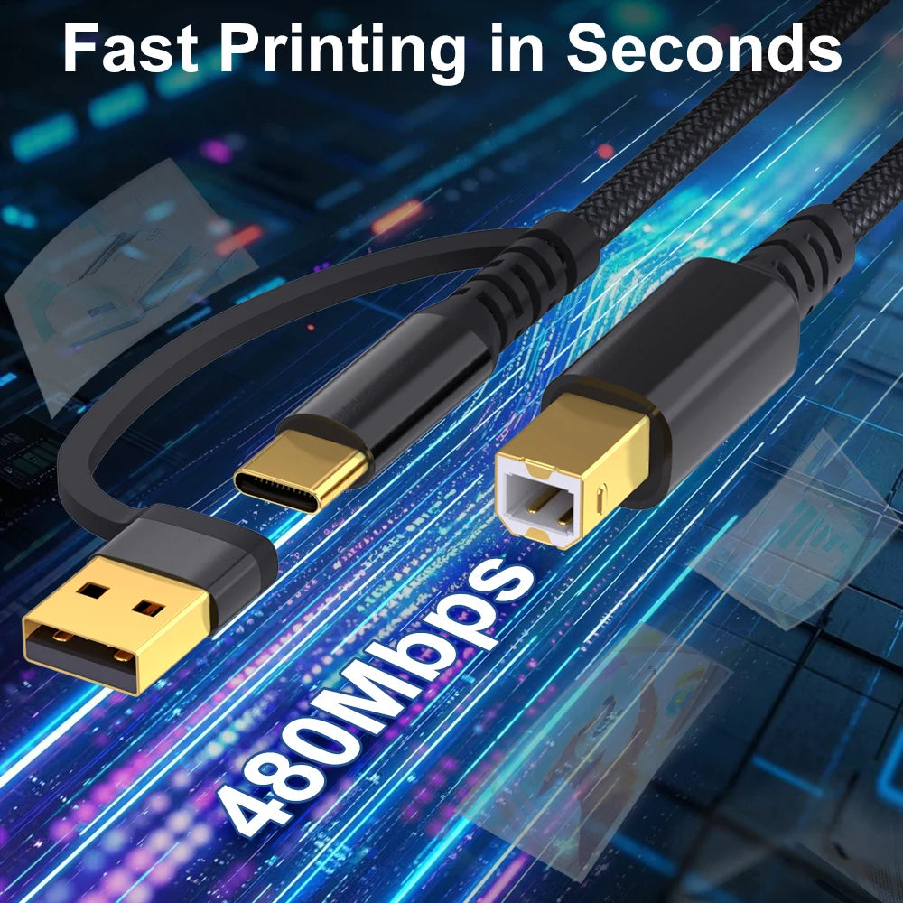 🔥 USB A & USB‑C to USB‑B 2.0 Printer Cable | Nylon Braided High‑Speed Cord for Yamaha/Casio Digital Piano, DJ Controllers, Printers & More