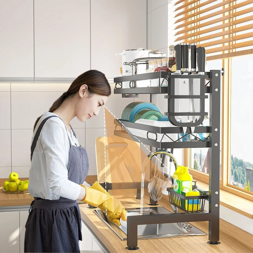 🍽️✨ Over-the-Sink Dish Drying Rack | Kitchen Storage Organizer with Utensil Holder, Sponge Holder & Hooks 🧽 | Space-Saving Sink Rack