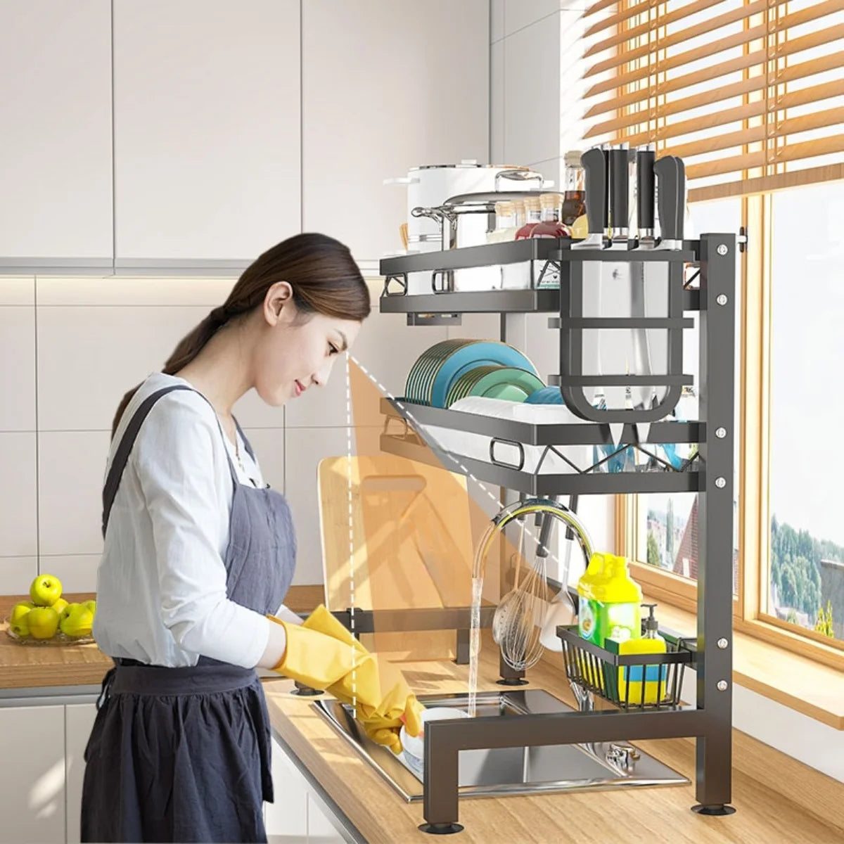 🍽️✨ Over-the-Sink Dish Drying Rack | Kitchen Storage Organizer with Utensil Holder, Sponge Holder & Hooks 🧽 | Space-Saving Sink Rack