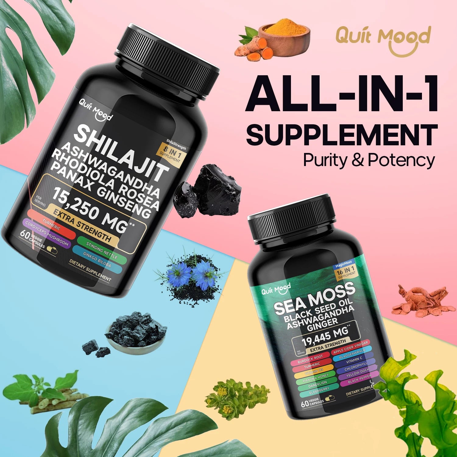 QuitMood Sea Moss & Shilajit Energy Bundle 🌿⚡ Natural Vitality Support with Black Seed Oil, Ashwagandha, Turmeric & Ginger for Men & Women