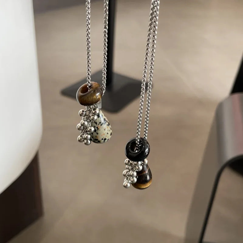 💛✨ Natural Spotted Tiger Eye Stone Necklace 🍇 | Vintage Water Droplet Grape Pendant 🌿 | Long Chain Necklace for Women Boho Accessories 💖