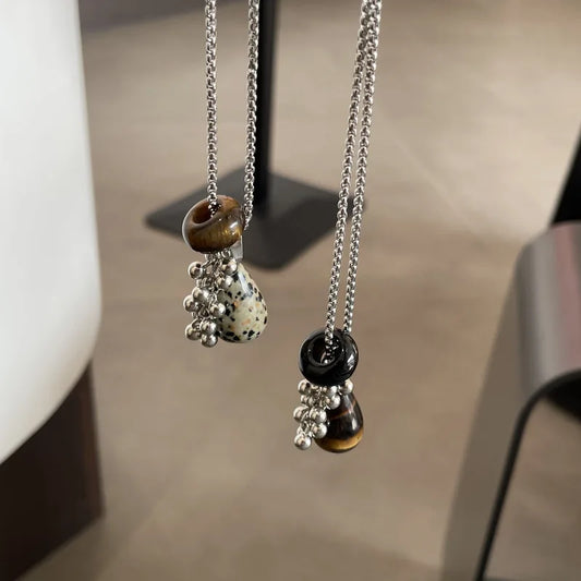 💛✨ Natural Spotted Tiger Eye Stone Necklace 🍇 | Vintage Water Droplet Grape Pendant 🌿 | Long Chain Necklace for Women Boho Accessories 💖