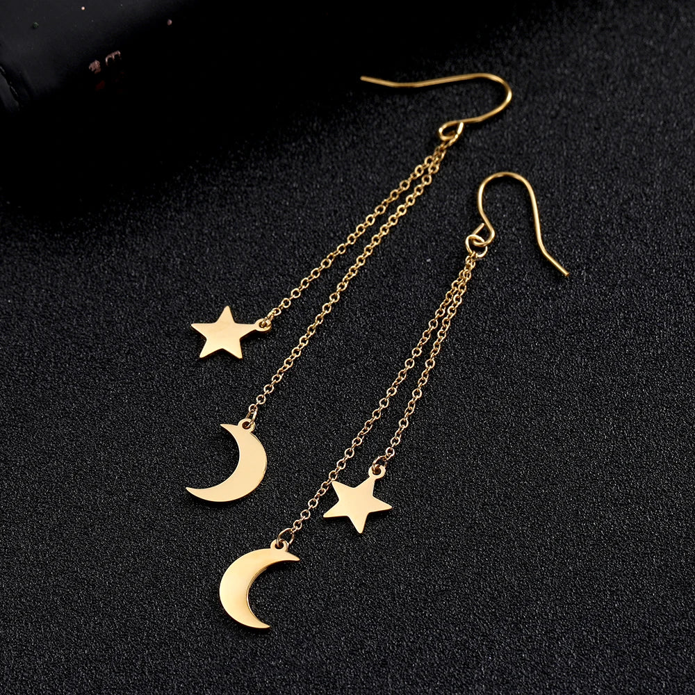 ⭐ Teamer Star Moon Pendant Tassel Earrings ✨ | Stainless Steel Dangle Earrings for Women & Girls 💕 | Korean Trendy Jewelry Valentine’s Day Gift 💝