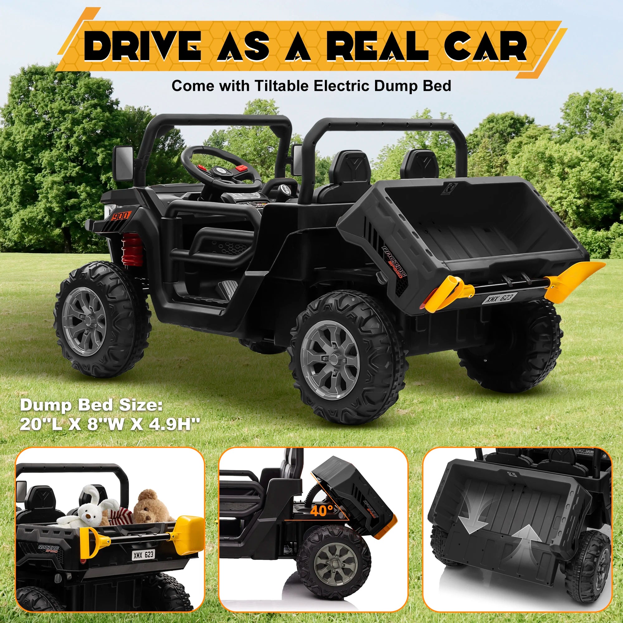 🚜⚡ 24V 2-Seater Ride-On Dump Truck – Kids UTV Electric Car with 2.4G Remote, 4-Wheeler, Bluetooth Music & LED Lights