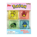 Four Pokémon-themed squishy cubes featuring Pikachu, Charmander, Bulbasaur, and Squirtle