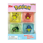 Four Pokémon-themed squishy cubes featuring Pikachu, Charmander, Bulbasaur, and Squirtle