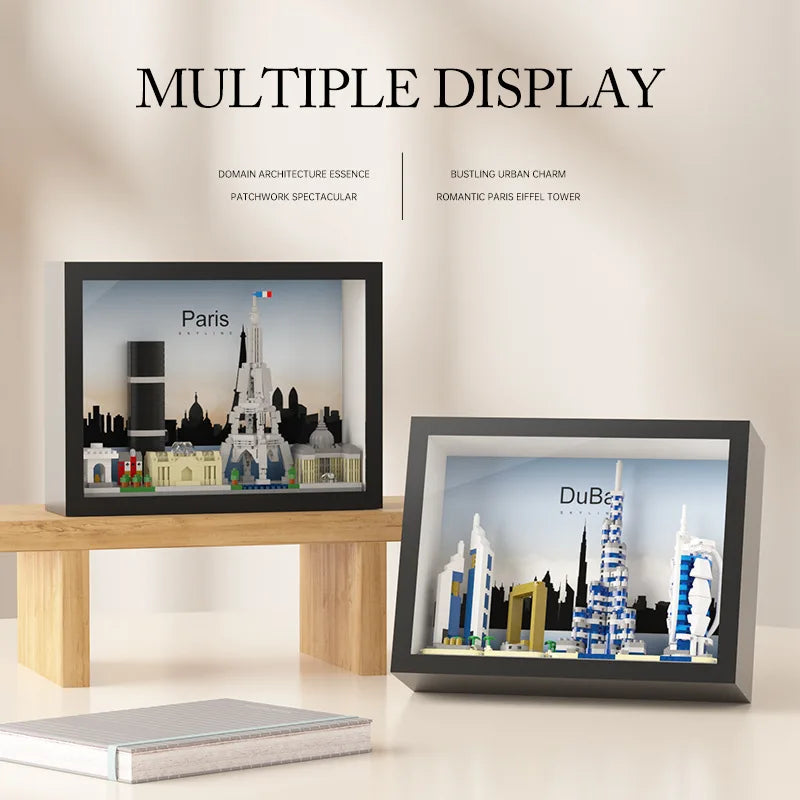 🌍🧱 Micro World Famous Architecture Building Blocks – New York, Paris, London & Dubai Skyline Photo Frame DIY Wall Decoration