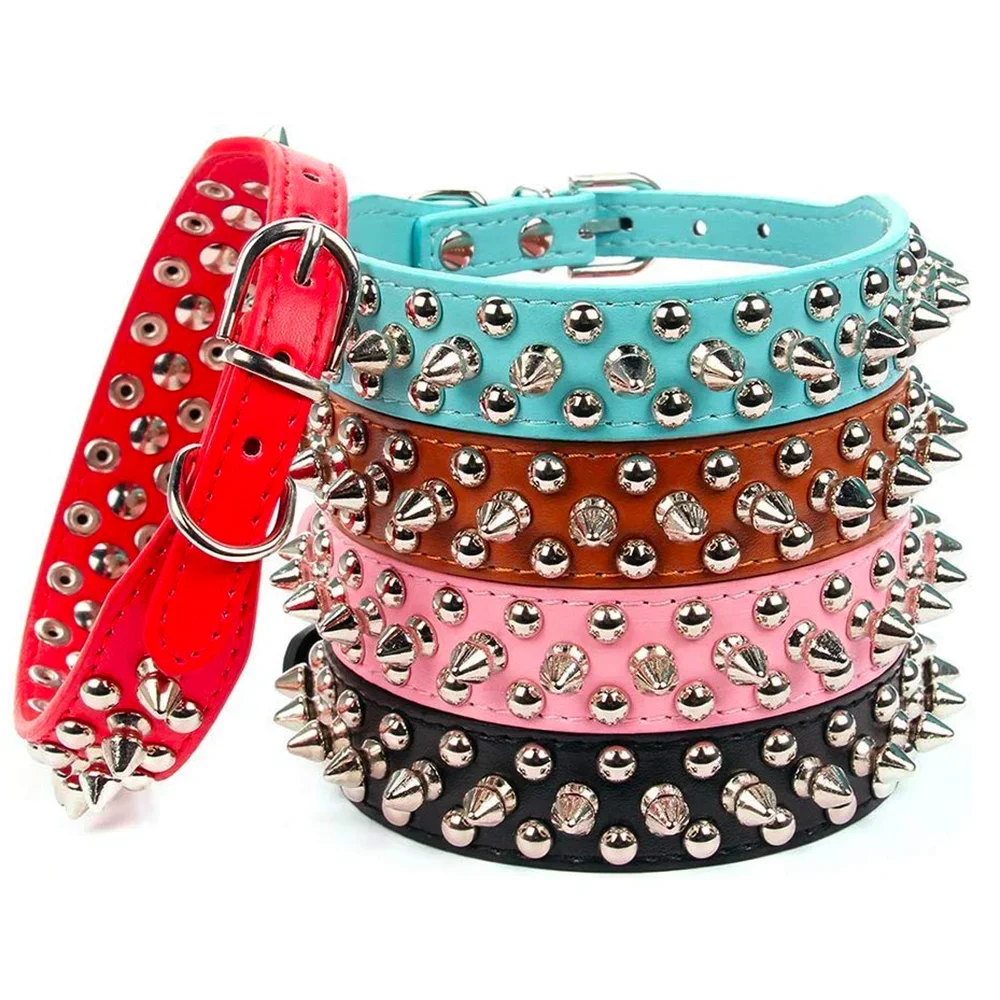 Adjustable Spiked Dog Collar 🐶 PU Leather Punk Studded Pet Collar for Small Dogs & Cats