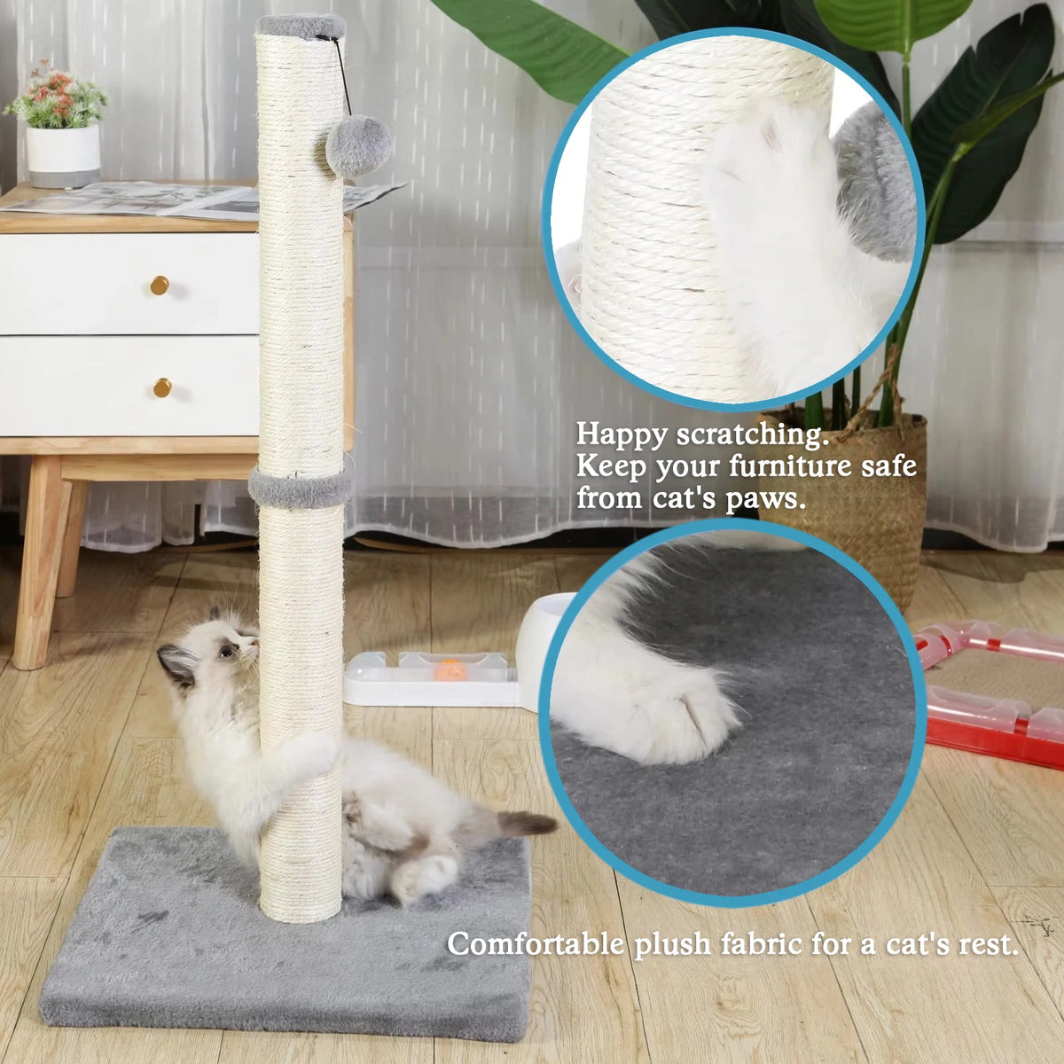 🐾🌳 Tall Premium Sisal Cat Scratching Post with Dangling Ball