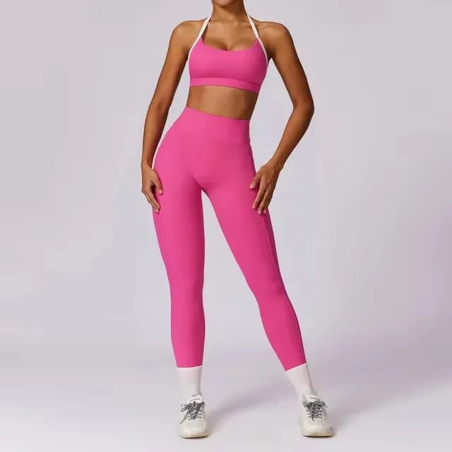 2Pcs Gym Set Women Workout Backless Yoga Suit Women Quick Dry Running Legging Fitness Bra Short-sleeved Shirt Sports Suit Female