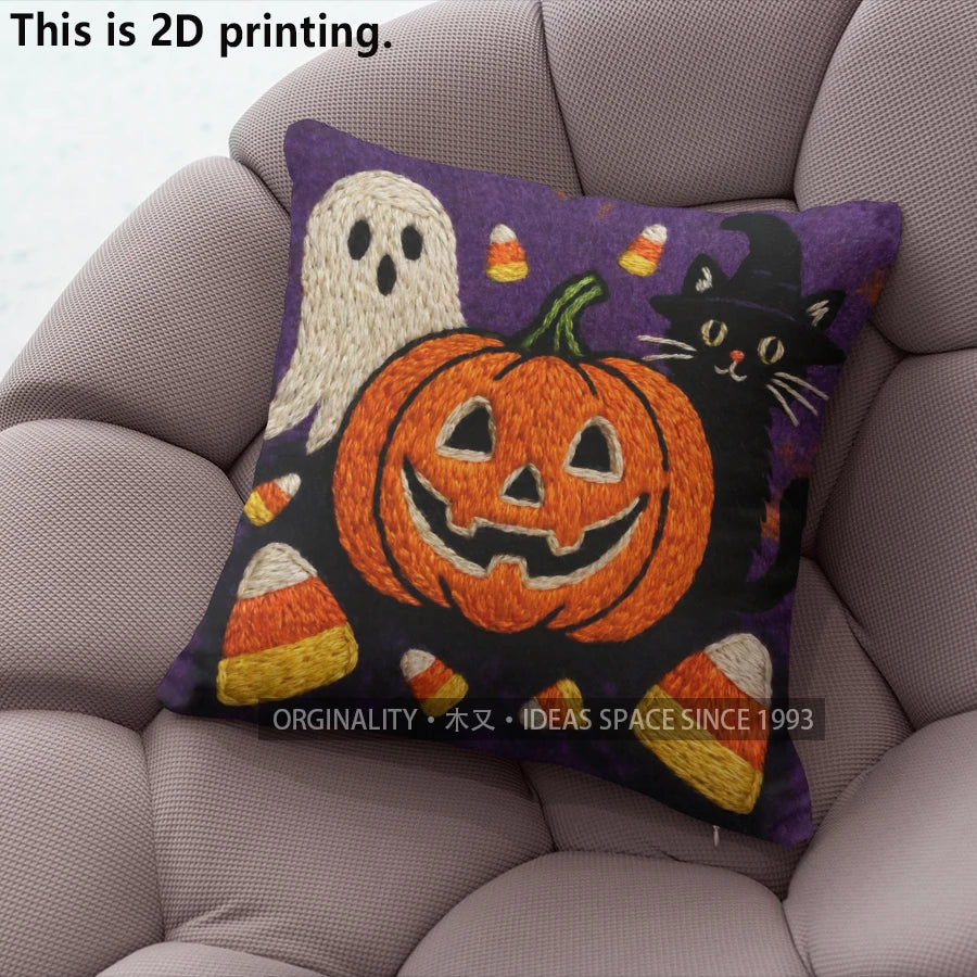 Halloween Pillow Cover – Pumpkin, Ghost & Cat
