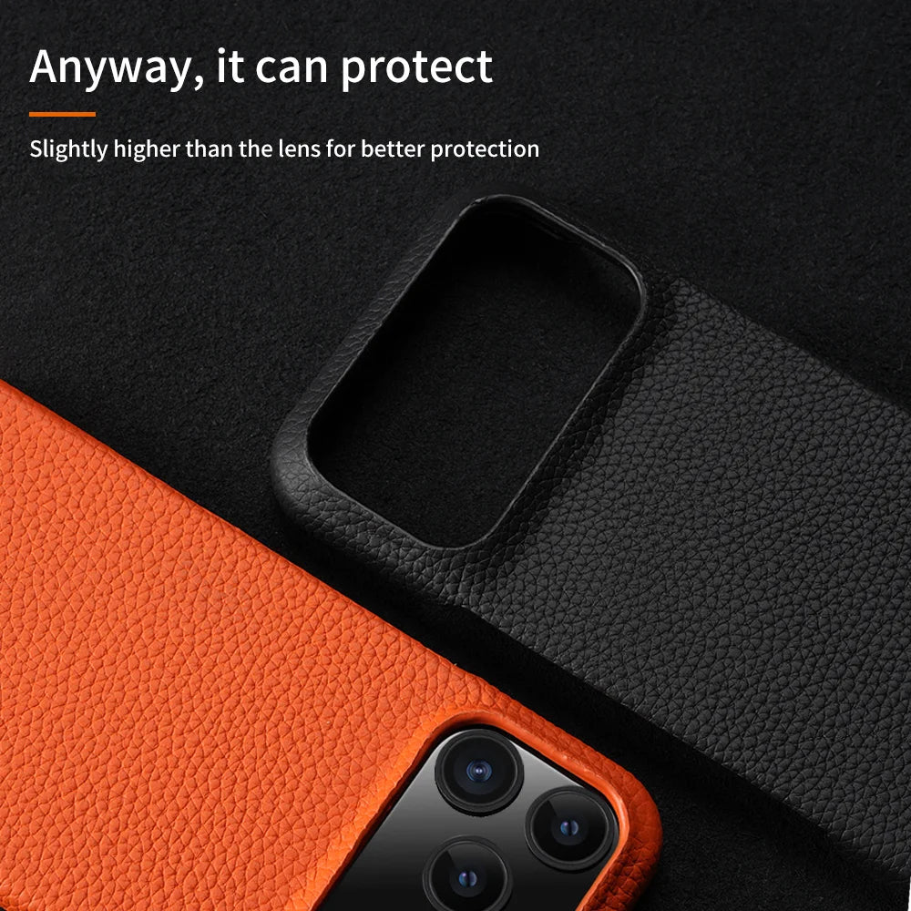 Luxury Lychee Cowhide Leather MagSafe Case for iPhone 17 / 16 / 15 Series