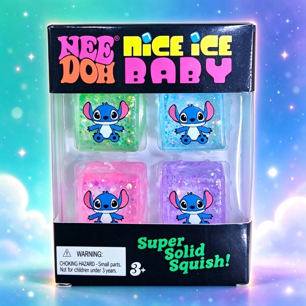 Four Stitch-themed ice cube squishy toys in a clear-front display box