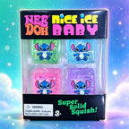 Four Stitch-themed ice cube squishy toys in a clear-front display box