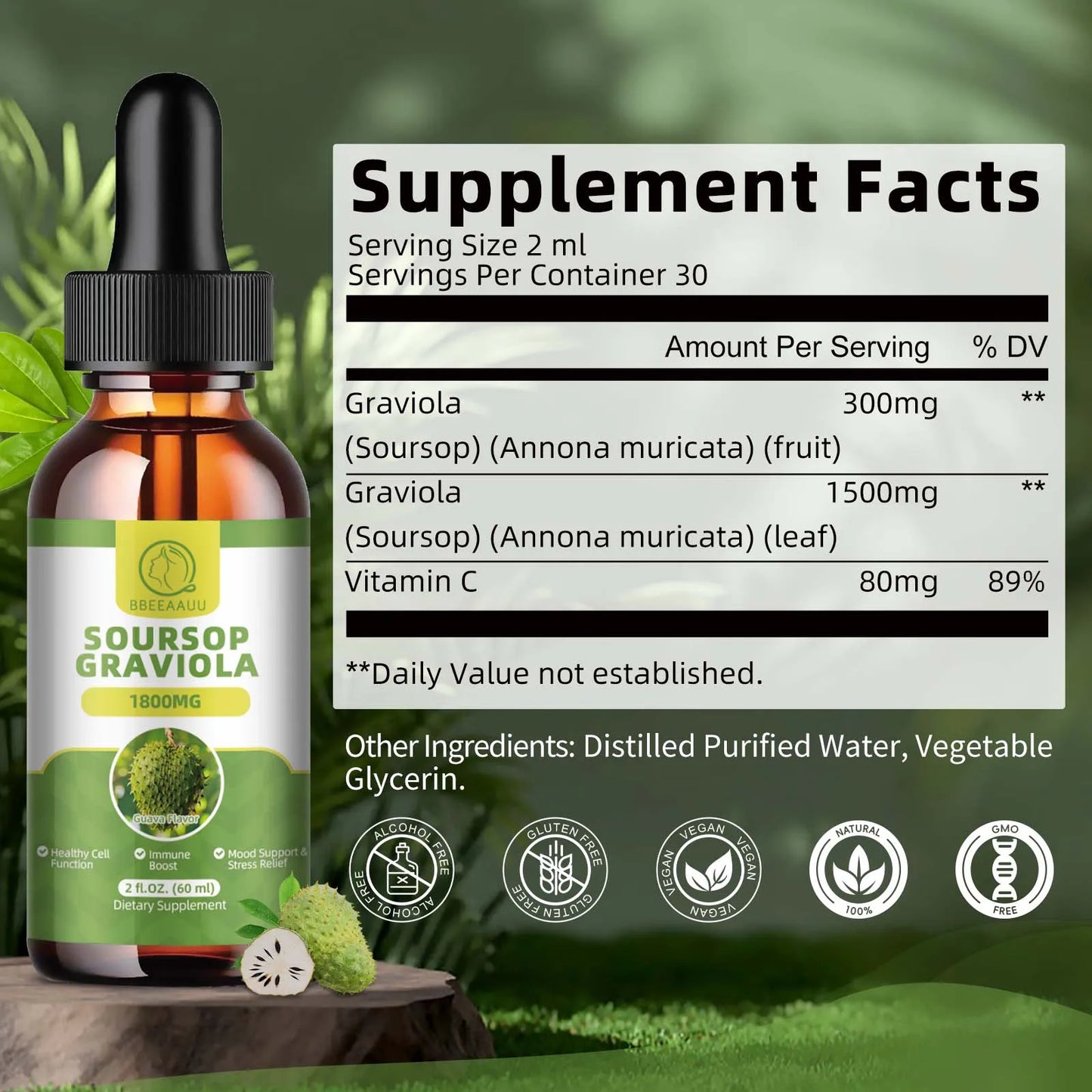 2 Fl. oz. Natural Soursop (Graviola) Extract Drops | Plant-Based Wellness Support | Antioxidant-Rich | Gluten-Free | 2 Fl. oz. Liquid Herbal Supplement 🌿
