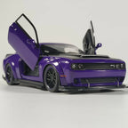 Purple muscle car with open doors on a white background