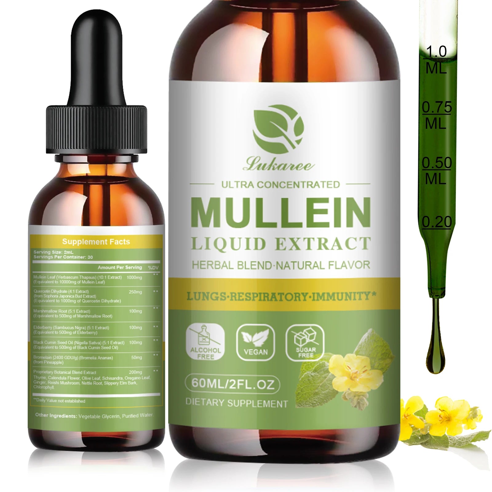 🌿Mullein Leaf Extract Drops 2 Fluid Oz. 1000mg | Lung Health 🌬️ | Breathing Support 😌 | Immune & Digestive Boost 💪 | CFDA Certified ✅ | 2 Fl. Oz. (60mL) Bottle 🧴