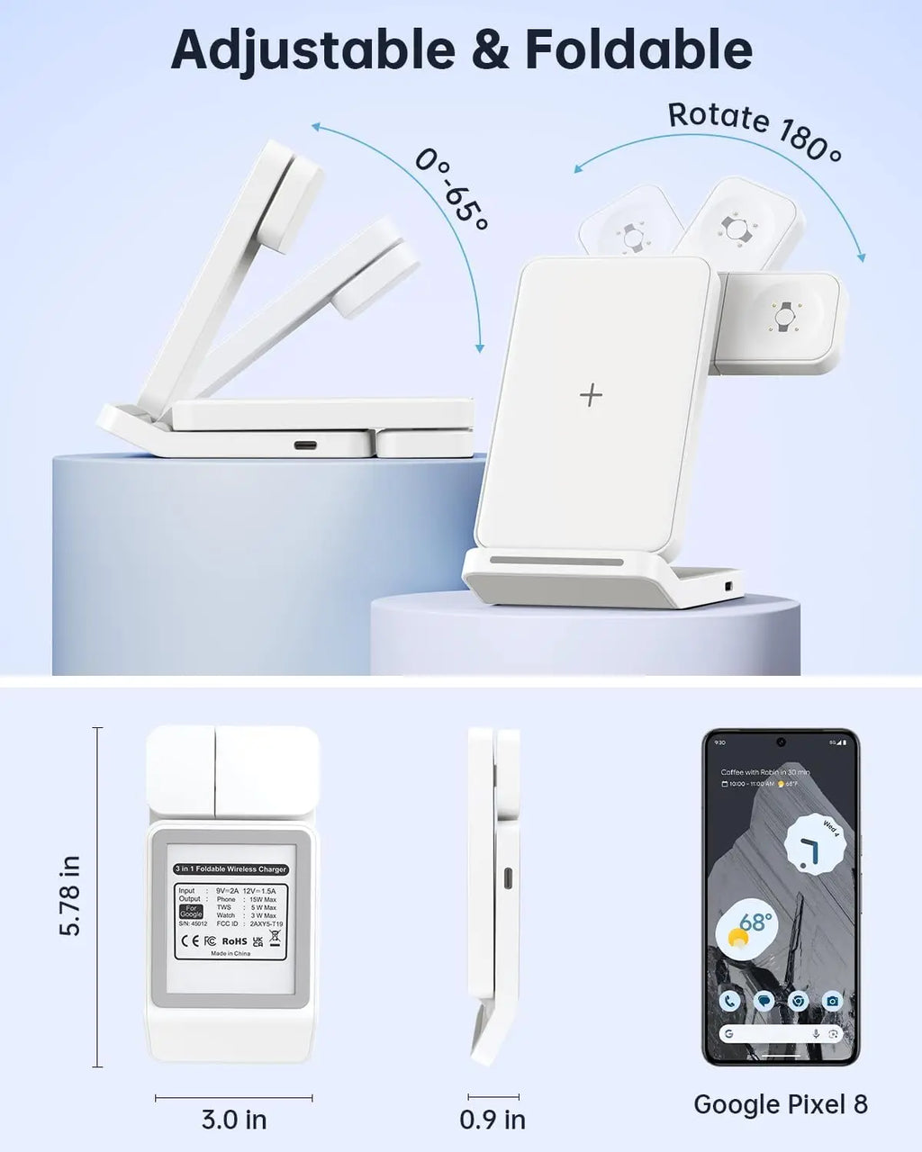 Upgraded 3-in-1 Foldable Wireless Charger Stand for Pixel Phone & Watch