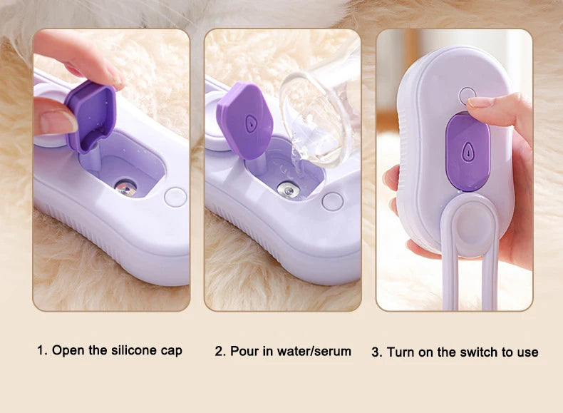 ✨ 3‑in‑1 Pet Electric Steam Brush | Cat & Dog Cleaning Spray Massage Grooming Comb | Retractable Handle | USB Rechargeable Hair Removal Beauty Brush