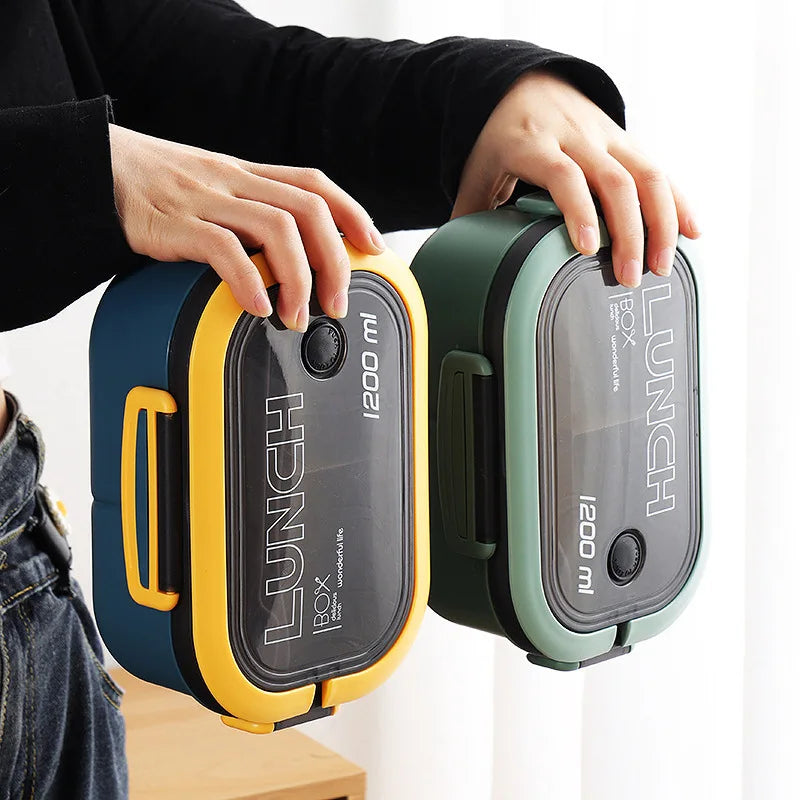 🍱✨ 1200ML Double-Layer Lunch Box | Portable Compartment Microwave Food Box 🍴 | Leakproof Camping & Office Meal Container with Spoon & Fork