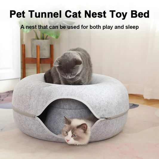 Donut Cat Tunnel Bed – Dual-Use Felt Cat House & Interactive Play Tunnel for Kittens and Indoor Cats