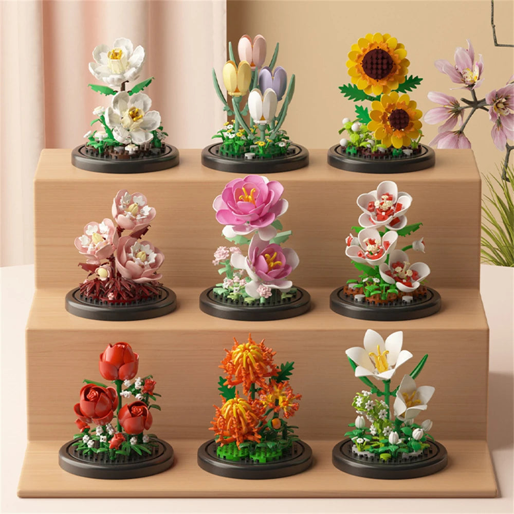 🌸🧱 Potted Plant Micro Building Blocks – Simulation Lily & Rose Flower Assembling Brick Model for Kids & Home Décor