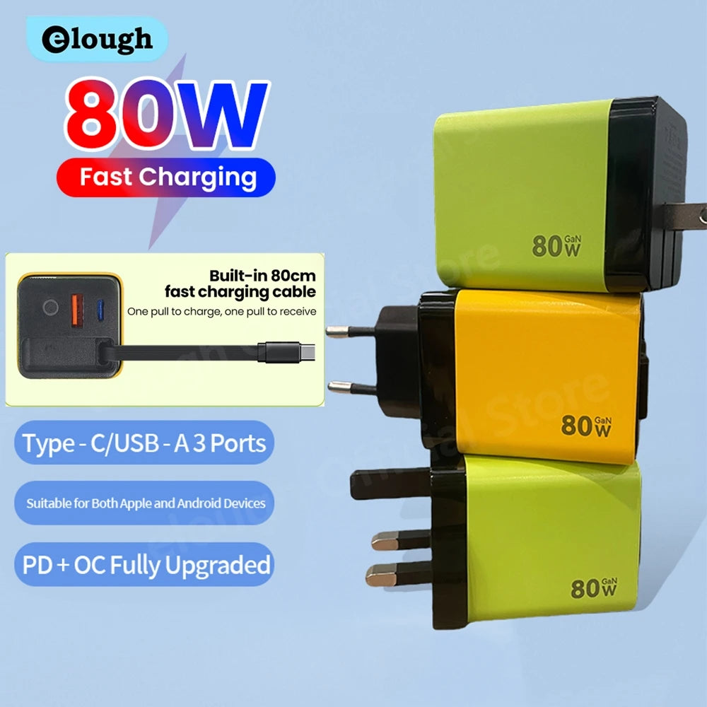 ⚡ 80W USB-C PD Fast Charger with Retractable Cable 🔄 | 100–240V Travel Wall Adapter for iPhone 16, MacBook, Samsung & Pixel 💻📱