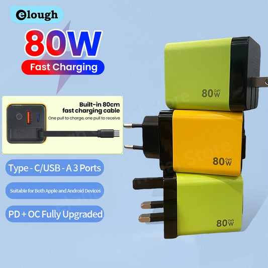 ⚡ 80W USB-C PD Fast Charger with Retractable Cable 🔄 | 100–240V Travel Wall Adapter for iPhone 16, MacBook, Samsung & Pixel 💻📱