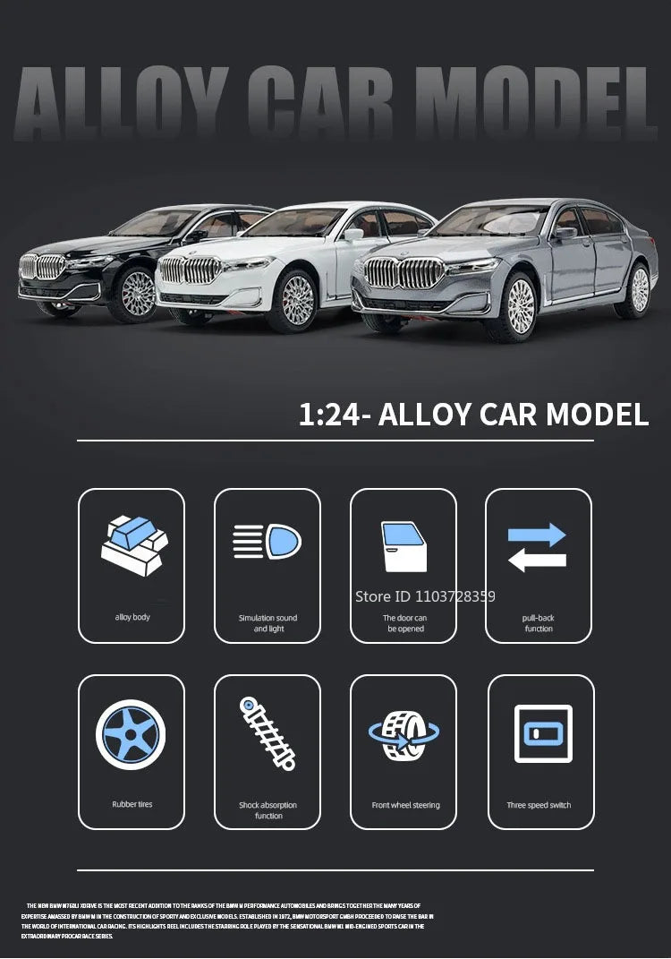 1:24 Miniature M4 / 760Li Alloy Diecast Toy Car with Sound, Light, Open Doors & Pull Back Action
