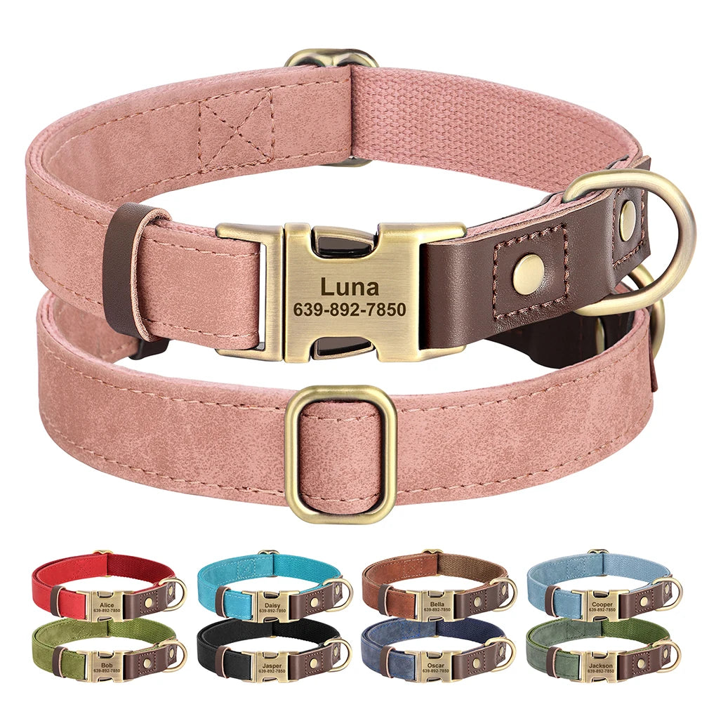 🐾 Customized Dog Collar | Durable PU Leather + Nylon | Engraved Pet ID Necklace 🐶 | Adjustable Metal Buckle for Small, Medium & Large Dogs (Pug, Pitbull, Chihuahua, Terrier) ✨