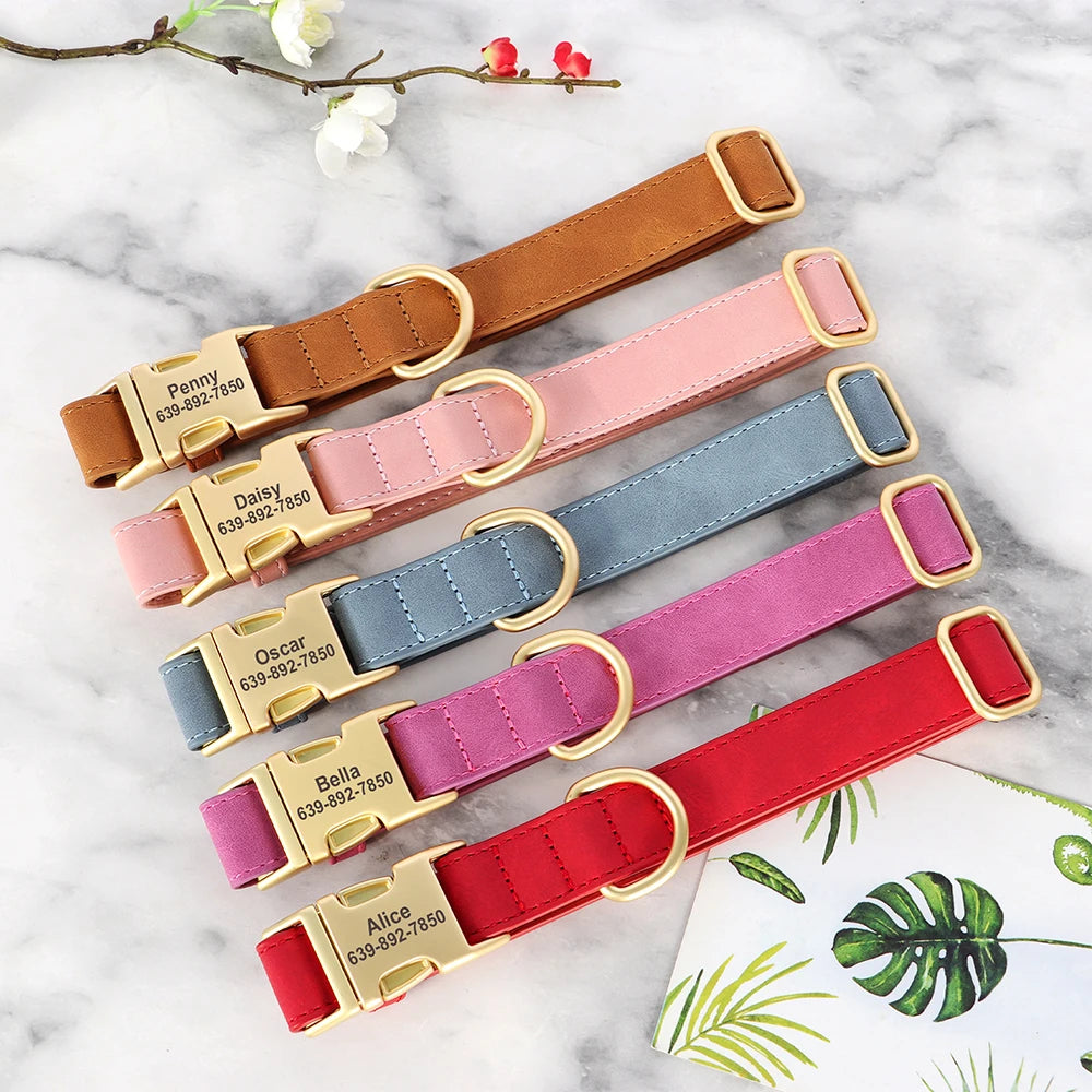 PU Leather Dog Collar with Free Custom Engraved Nameplate, Adjustable Anti‑Lost Buckle Collar for All Dog Sizes