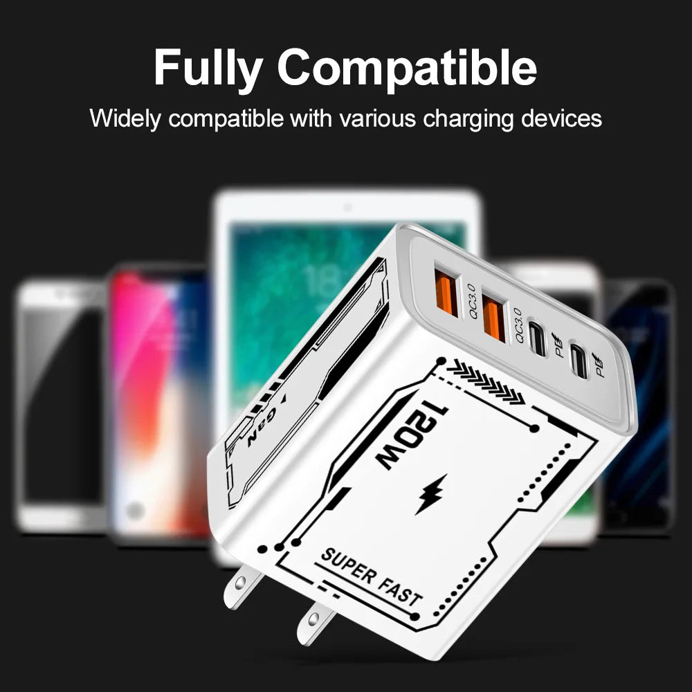 USB C PD Charger 120W ⚡ | 4-Port Quick Charge 3.0 Type-C Wall Adapter | Fast Charging Phone Charger for iPhone 16/15/14/13, Samsung S24 Ultra, Xiaomi, OnePlus